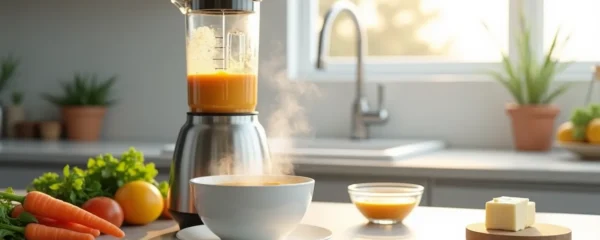 Blender chauffant moderne en inox versant une sauce crémeuse chaude dans un bol blanc, légumes frais et épices à proximité