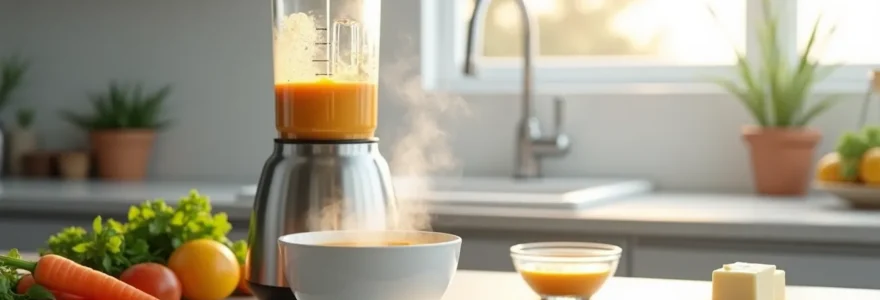 Blender chauffant moderne en inox versant une sauce crémeuse chaude dans un bol blanc, légumes frais et épices à proximité