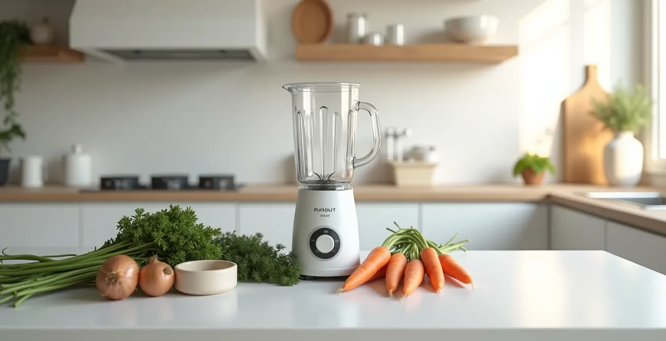 Plan large d'une cuisine minimale avec blender chauffant centralisé, légumes frais et bols divers autour, fenêtre naturelle en arrière-plan