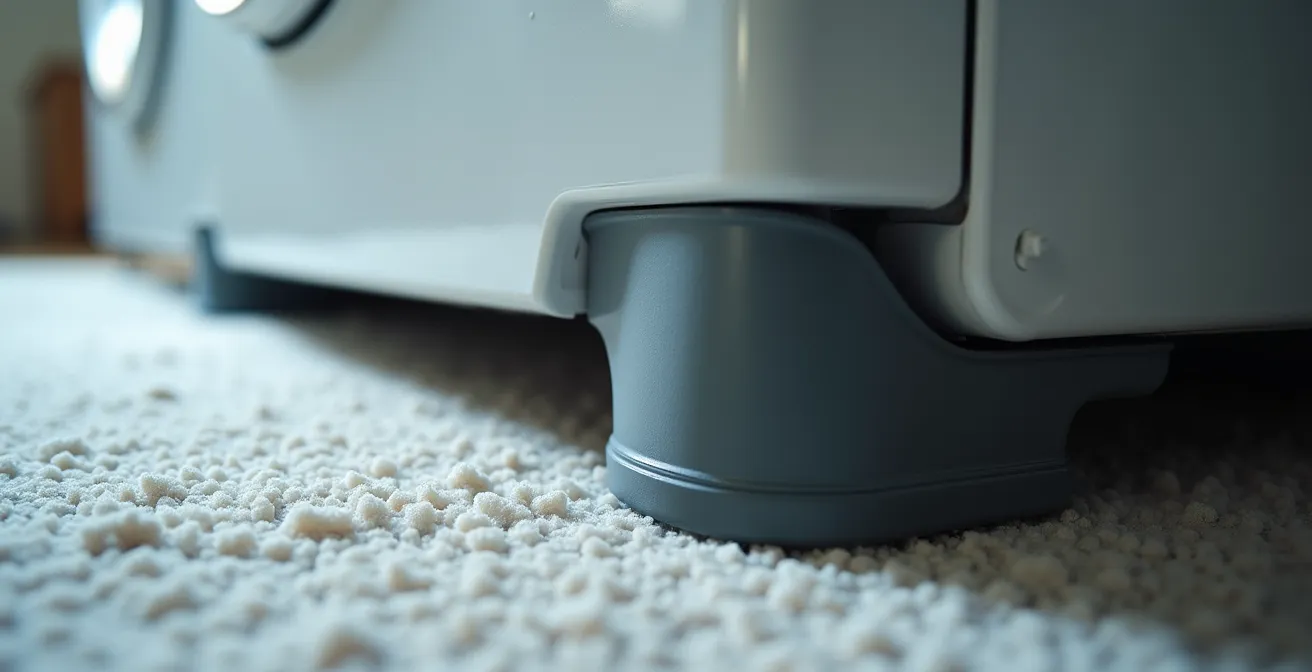 Gros plan sur les pieds anti-vibrations d'un lave-linge avec textures des matériaux d'insonorisation