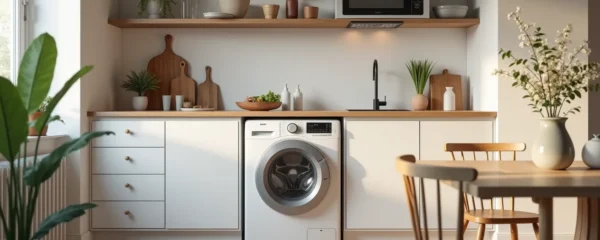 Photographie réaliste d'une cuisine moderne avec un lave-linge hublot intégré sous un plan de travail, éclairage cinématographique, surface propre et espace négatif