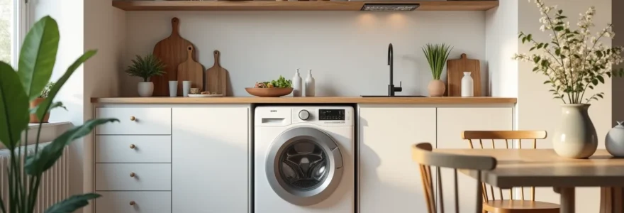 Photographie réaliste d'une cuisine moderne avec un lave-linge hublot intégré sous un plan de travail, éclairage cinématographique, surface propre et espace négatif