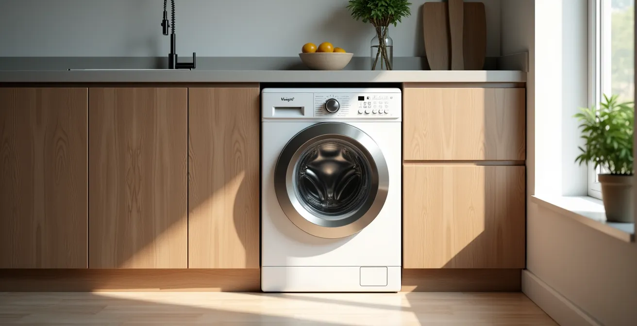 Lave-linge intégré dans cuisine contemporaine avec façades assorties et surfaces propres