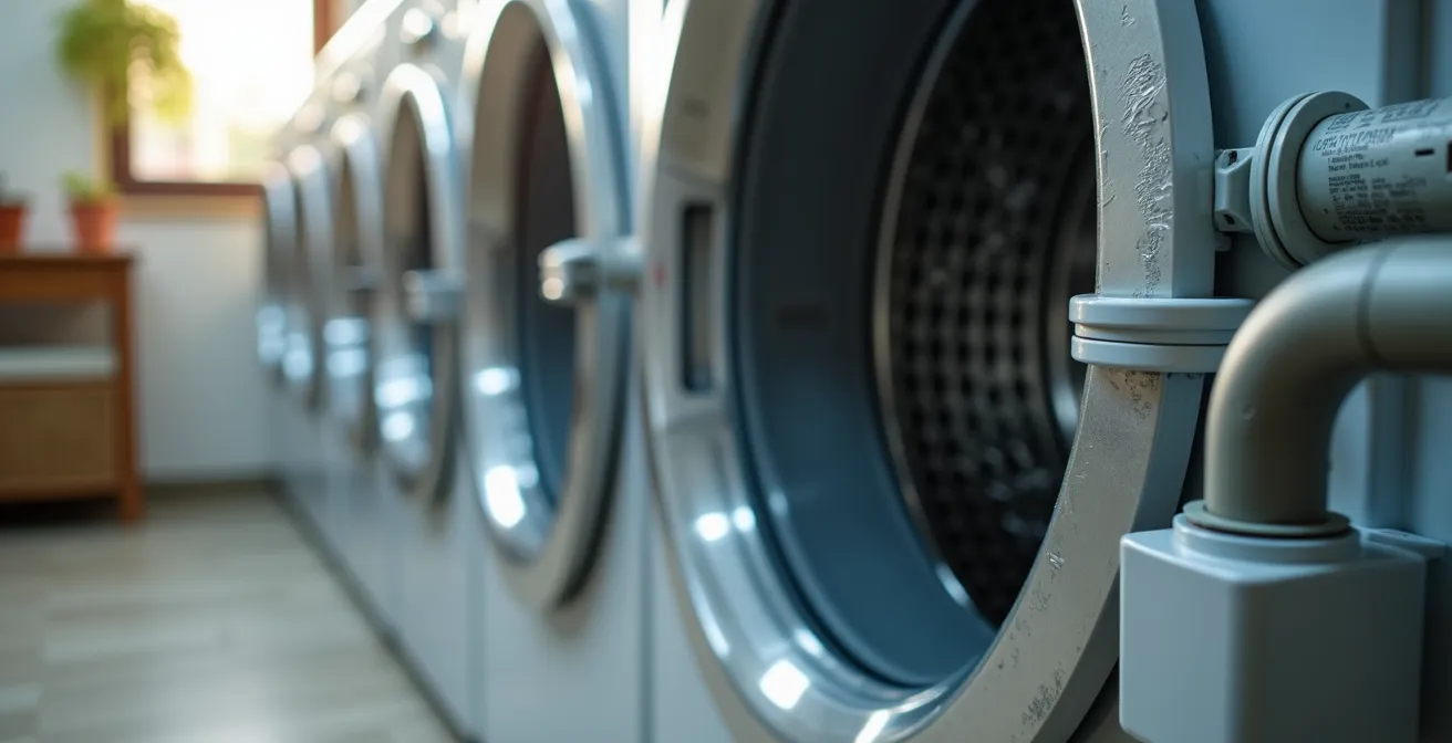 Gros plan sur les raccordements plomberie et électrique d'un lave-linge posé proprement dans une cuisine équipée