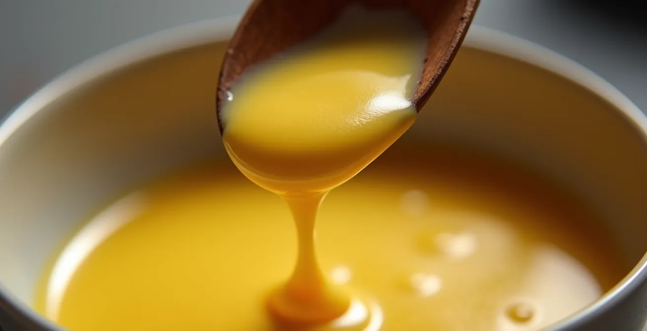 Macro détail d'une sauce hollandaise onctueuse versant d'une cuillère, texture lisse homogène avec perles de condensation