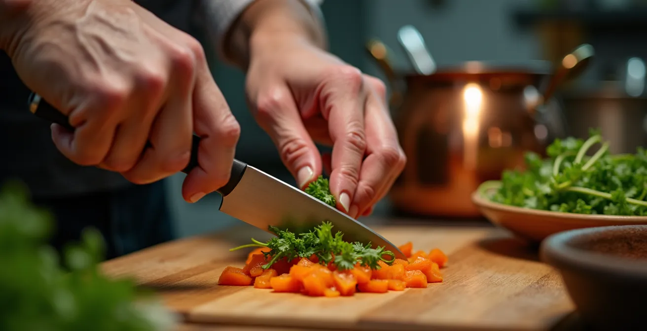 Mains d'un chef guidant un client dans la préparation d'un plat