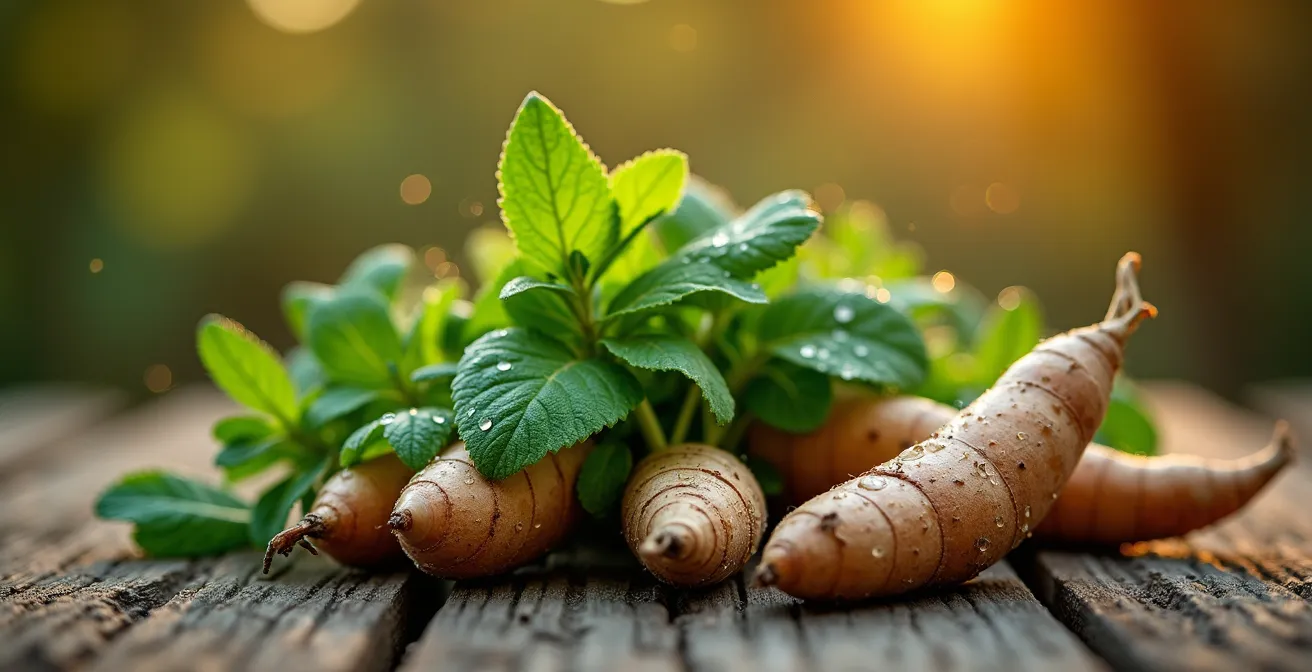 Gros plan sur des légumes racines et herbes aromatiques fraîches