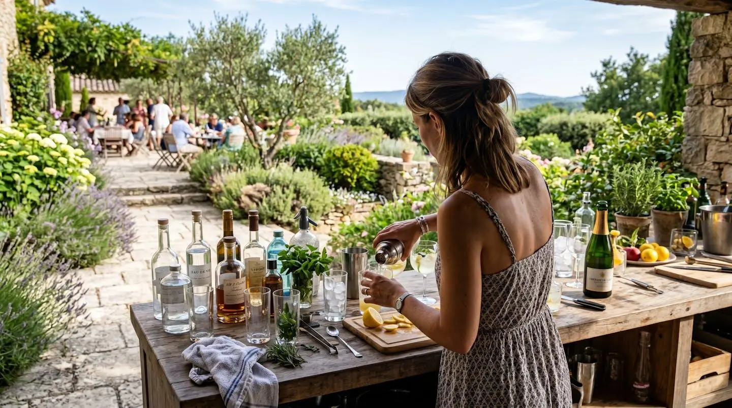 Personne de dos préparant des boissons fraîches sur un comptoir extérieur lors d'un barbecue estival