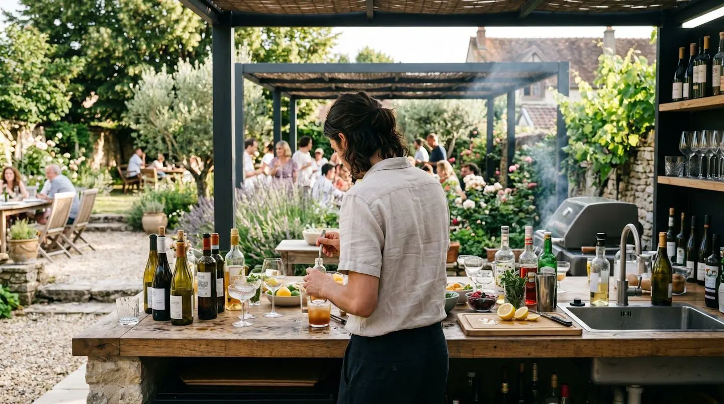 Personne de dos préparant des boissons fraîches sur un comptoir extérieur lors d'un barbecue estival