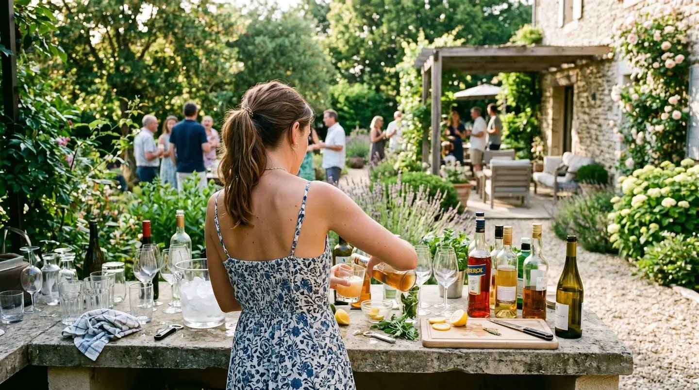 Personne de dos préparant des boissons fraîches sur un comptoir extérieur lors d'un barbecue estival