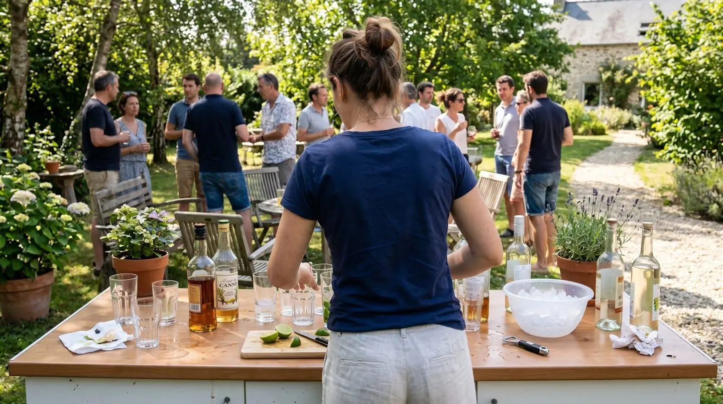 Personne de dos préparant des boissons fraîches sur un comptoir extérieur lors d'un barbecue estival