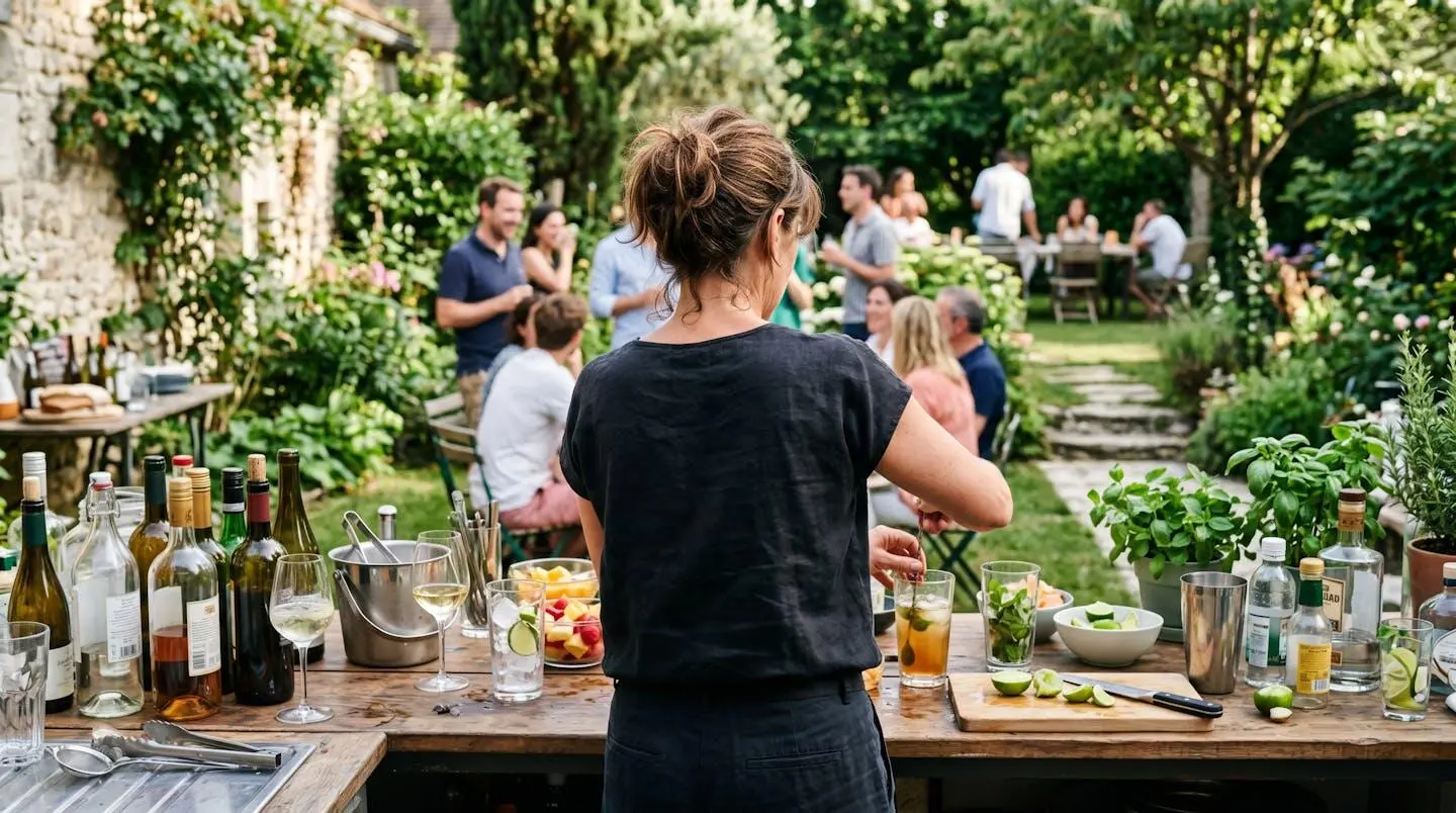 Personne de dos préparant des boissons fraîches sur un comptoir extérieur lors d'un barbecue estival