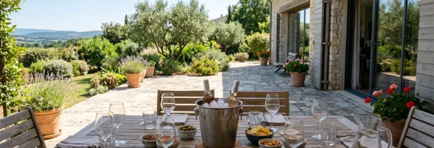 Table de terrasse dressée pour un apéritif estival avec verres vides et seau à glace au centre