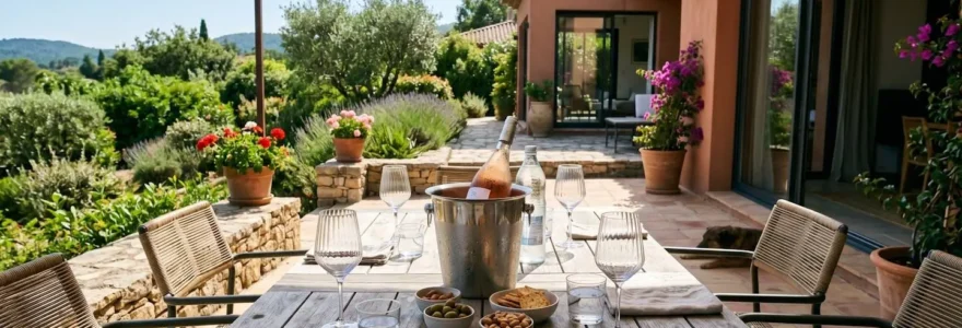 Table de terrasse dressée pour un apéritif estival avec verres vides et seau à glace au centre