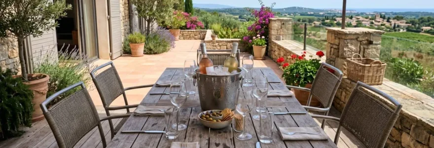 Table de terrasse dressée pour un apéritif estival avec verres vides et seau à glace au centre