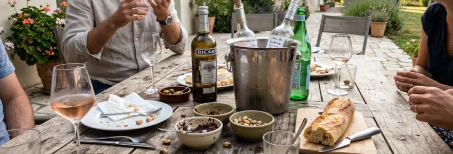Table de terrasse dressée pour un apéritif estival avec verres vides et seau à glace au centre