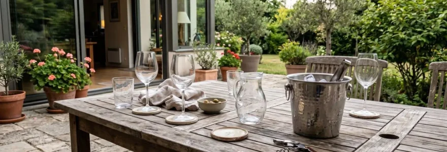 Table de terrasse dressée pour un apéritif estival avec verres vides et seau à glace au centre